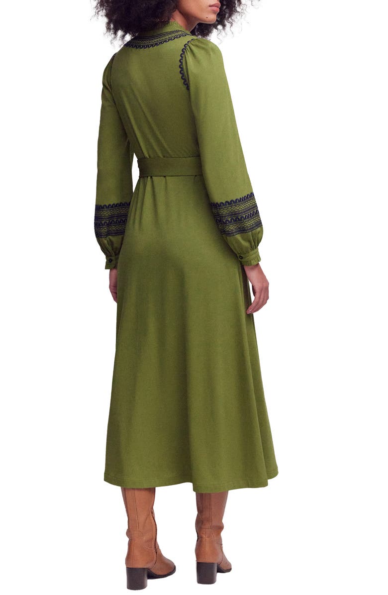 Boden Embroidered Ruffle Trim Midi Shirtdress, Alternate, color, Olive