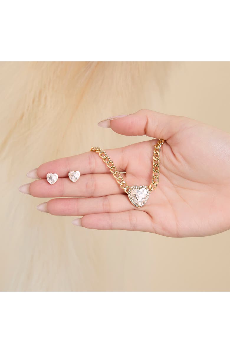 Jessica Simpson Jewelry Set with Glass Heart Pendant Necklace 16"+3" and Heart Stud Earrings, Alternate, color, Gold/Clear