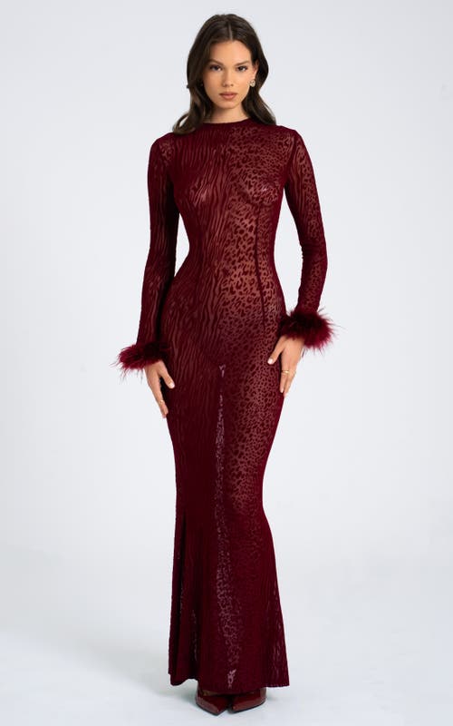 Miss Circle Women Patricia Burgundy Leopard Burnout Velvet Mesh Backless Maxi Dress In Brown