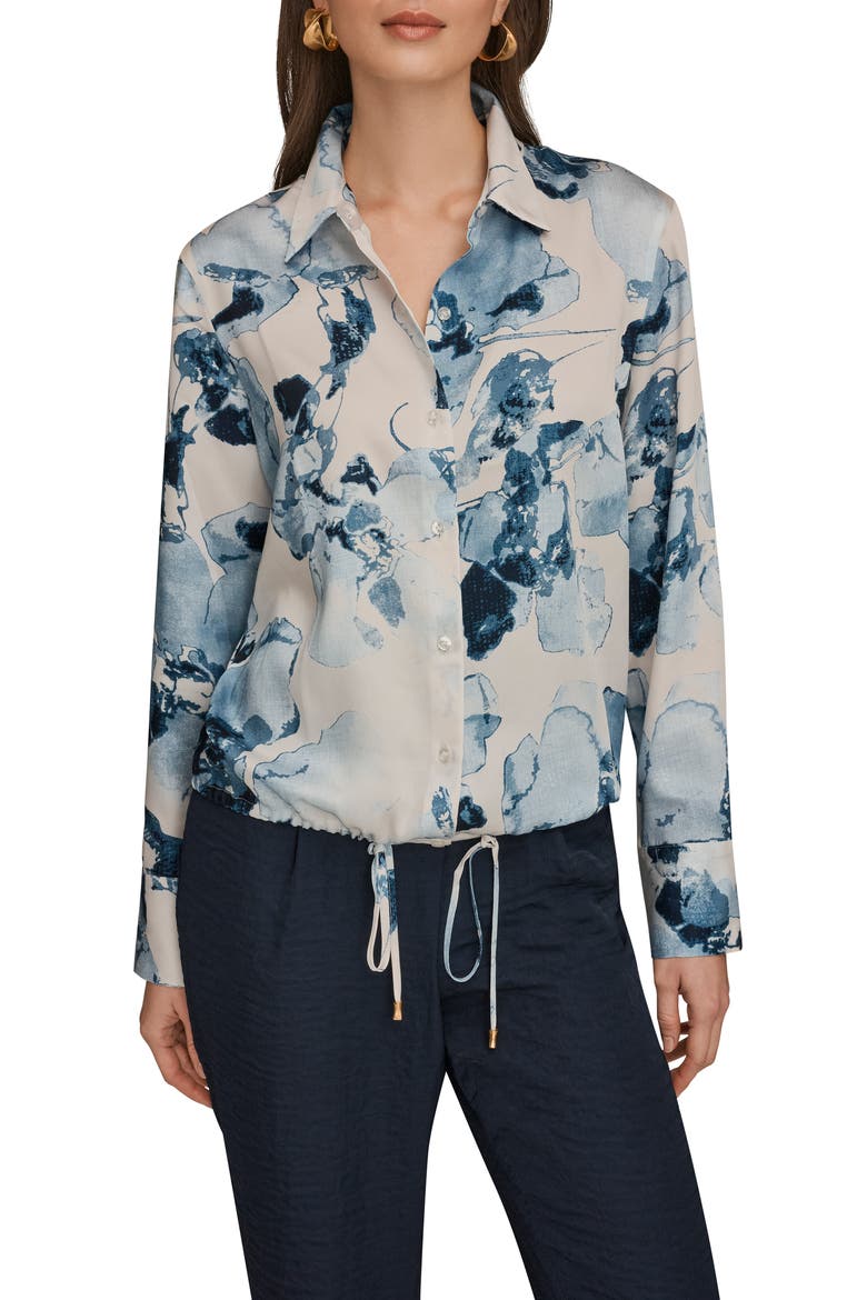 Drawstring Hem Long Sleeve Shirt, Main, color, SEA MIST MULTI
