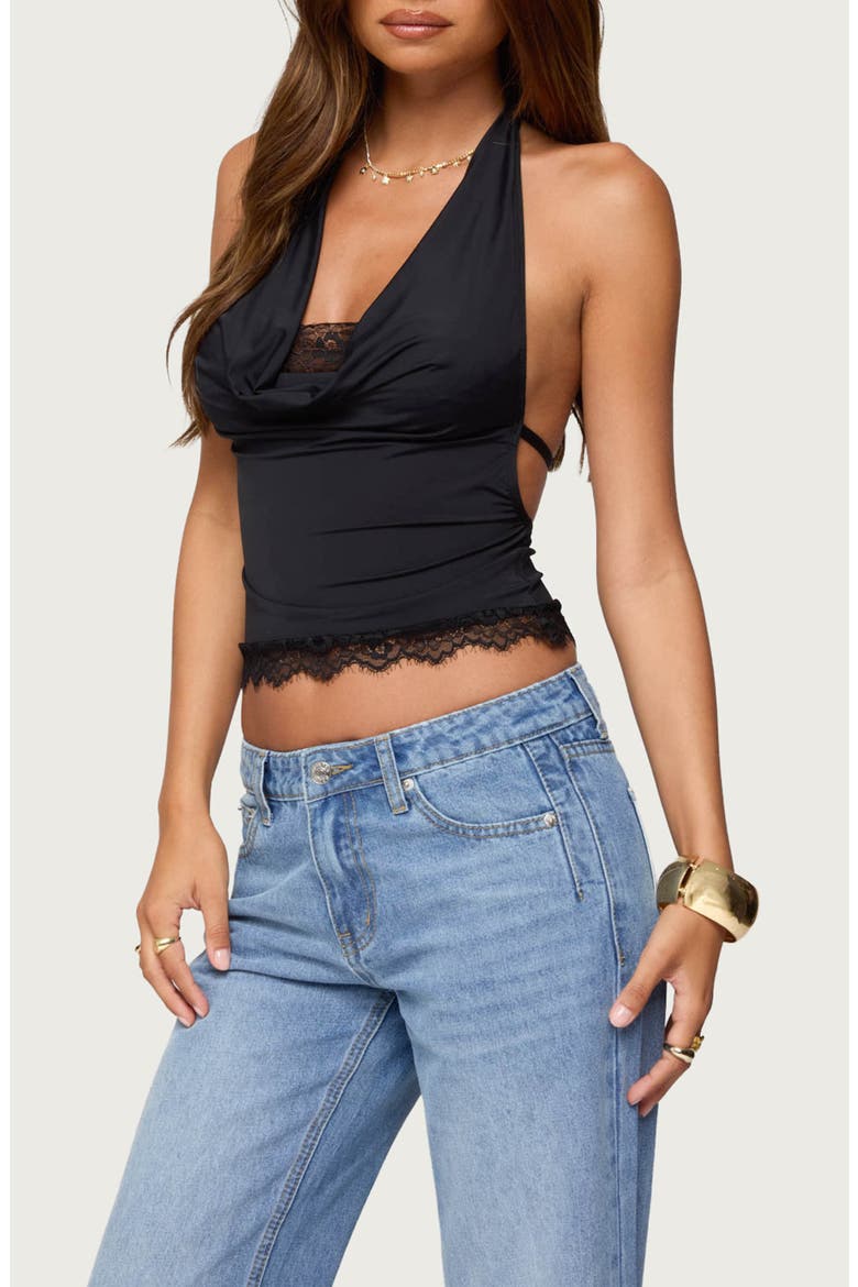 Layered Lace Trim Halter Top, Alternate, color, BLACK