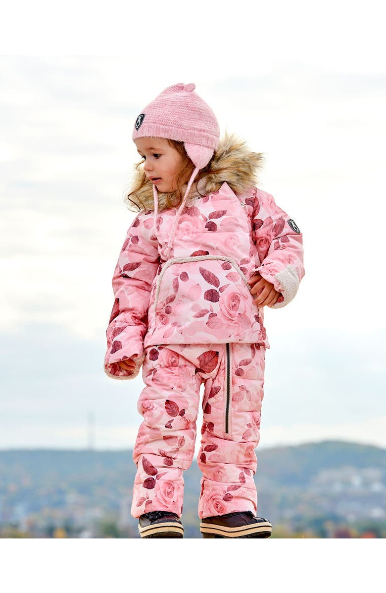 Deux par Deux Baby Girl's One Piece Baby Hooded Snowsuit Printed Roses Designed For Car Seat, Alternate, color, 