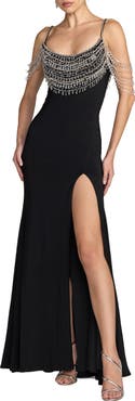Mac Duggal Crystal Beaded Scoop Back Jersey Gown with Slit