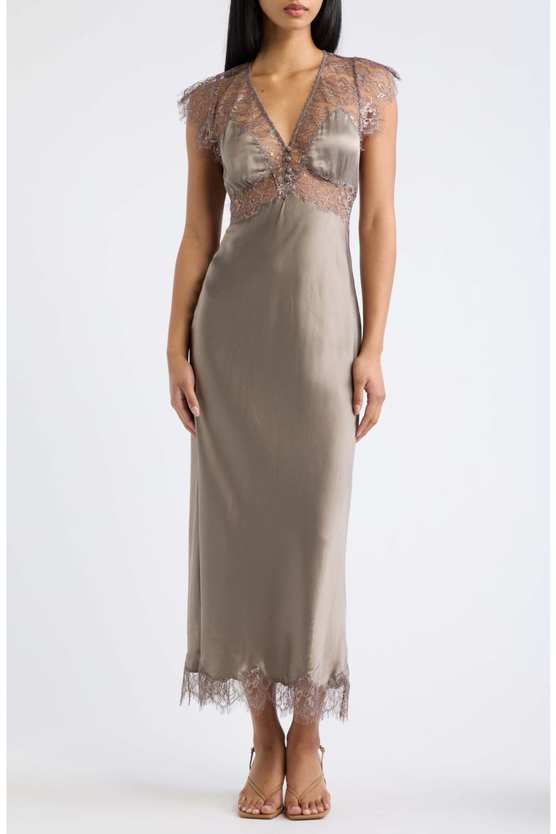 Vella Lace Trim Silk Blend Maxi Dress, Main, color, PEWTER SKY