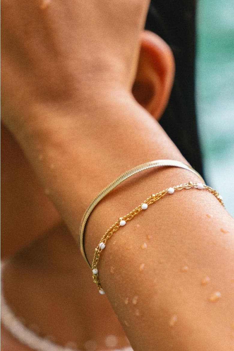 Double White Beaded Bracelet, Alternate, color, Gold