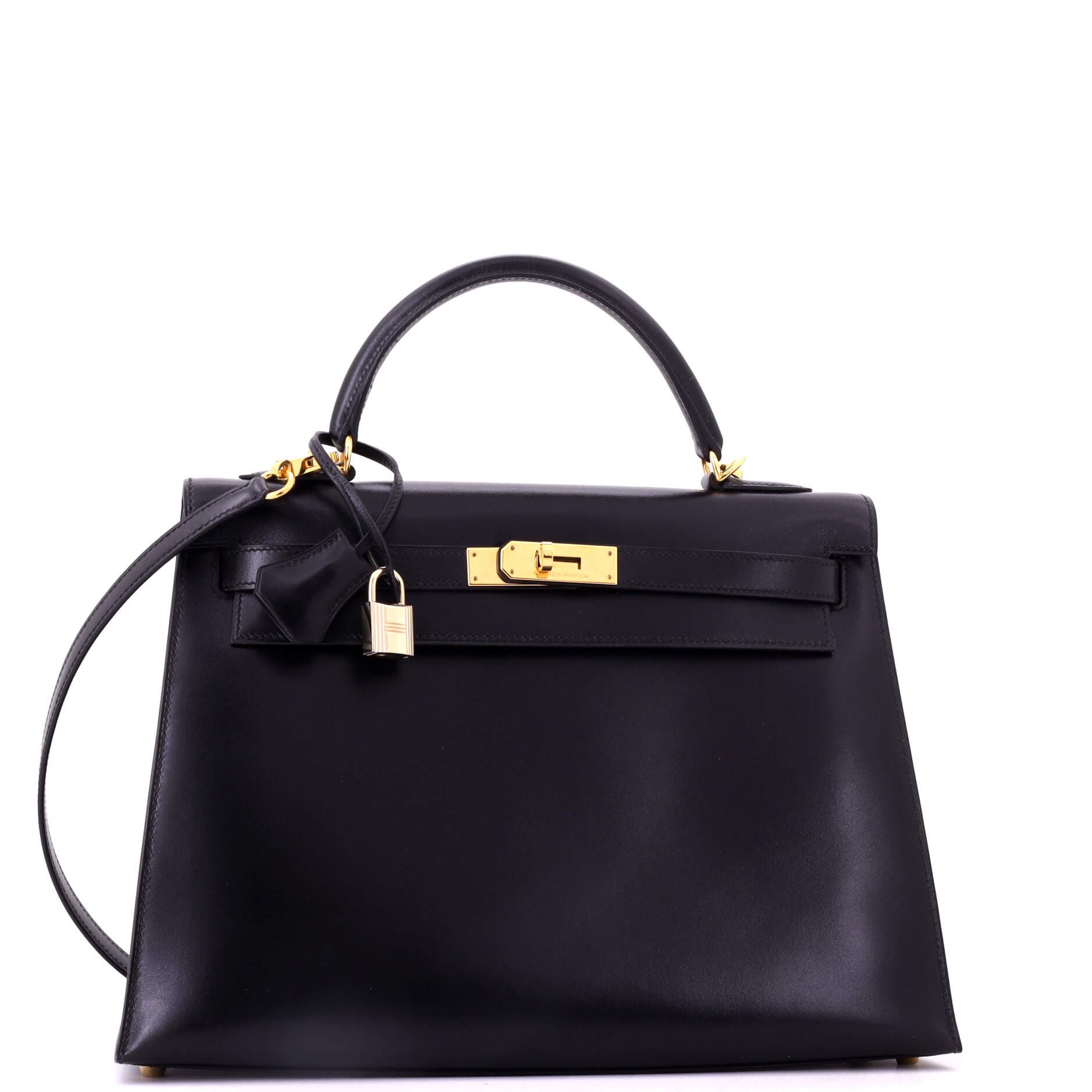 Pre-Owned Hermes Kelly Handbag Black Box Calf with Gold Hardware 32, Alternate, color, Noir