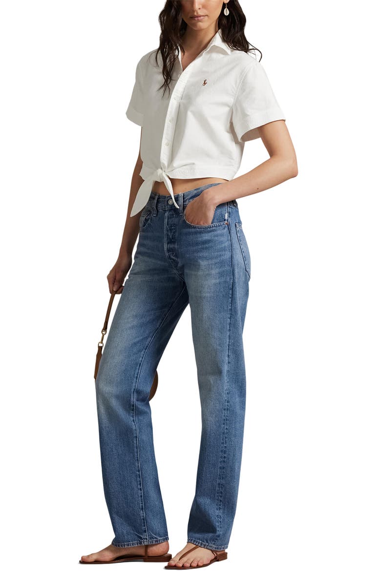 Polo Ralph Lauren Tie Front Oxford Short Sleeve Button-Up Shirt, Alternate, color, 