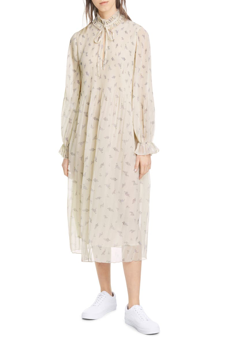 Ganni Floral Print Pleated Georgette Long Sleeve Midi Dress, Main, color, 