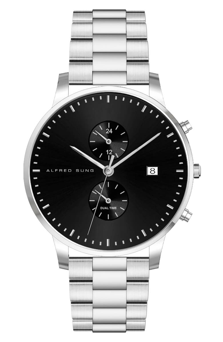 Alfred Sung Dual Time Bracelet Watch, 42mm, Main, color, Silver Bracelet/Black Dial