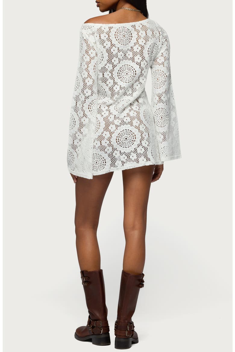 Sheer Lace One-Shoulder Long Sleeve Minidress, Alternate, color, WHITE