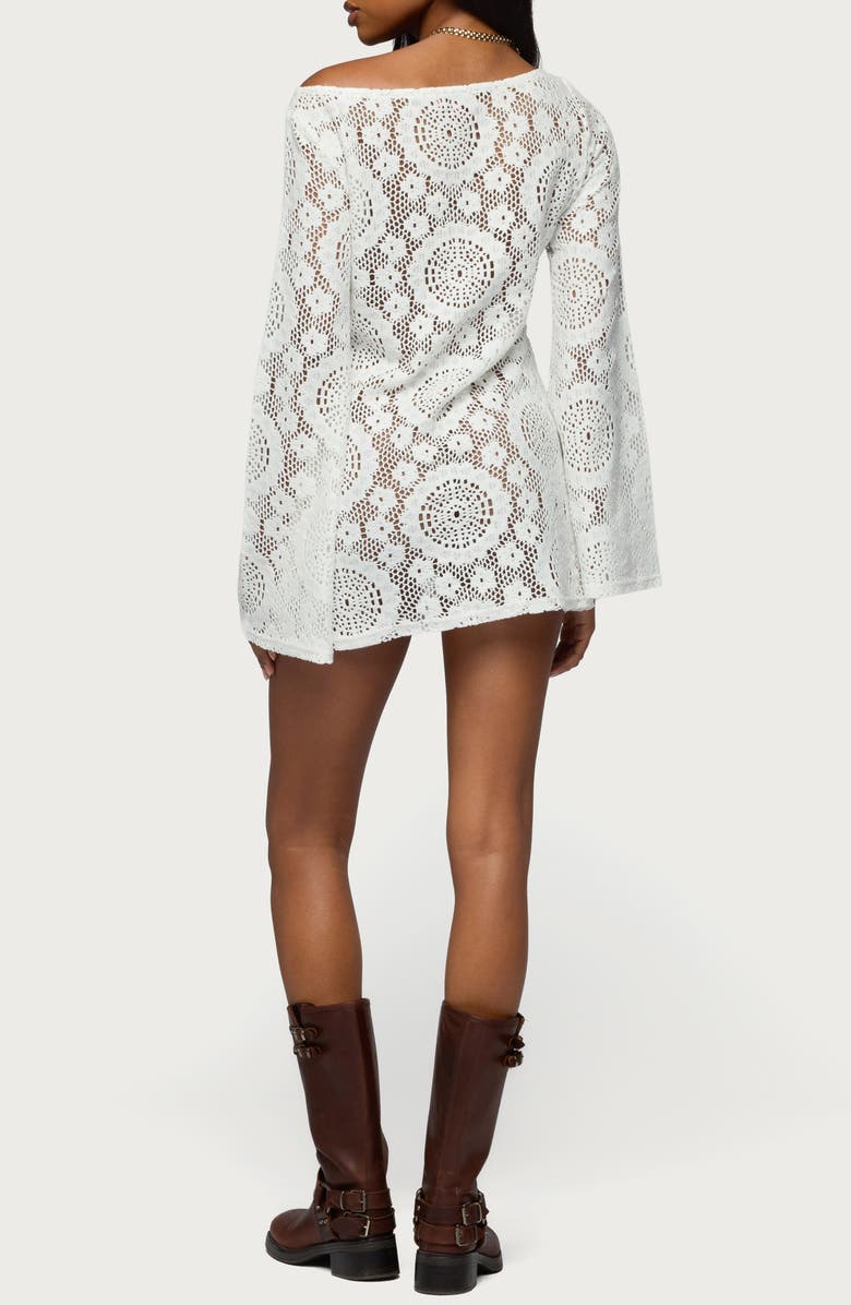 EDIKTED Sheer Lace One-Shoulder Long Sleeve Minidress, Alternate, color, White