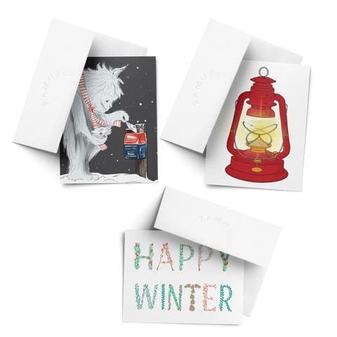 Winter Lamp, Happy Winter, Yeti Sending Letters Winter/Holiday/Christmas Greeting Card Pack Sets (3 ct, Assorted)