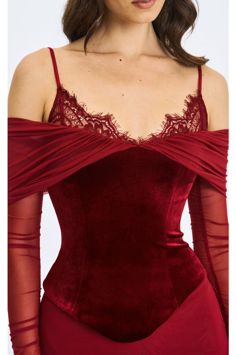 Maybelle Bardot Lace Strap Peplum Maxi Dress, Alternate, color, Magenta