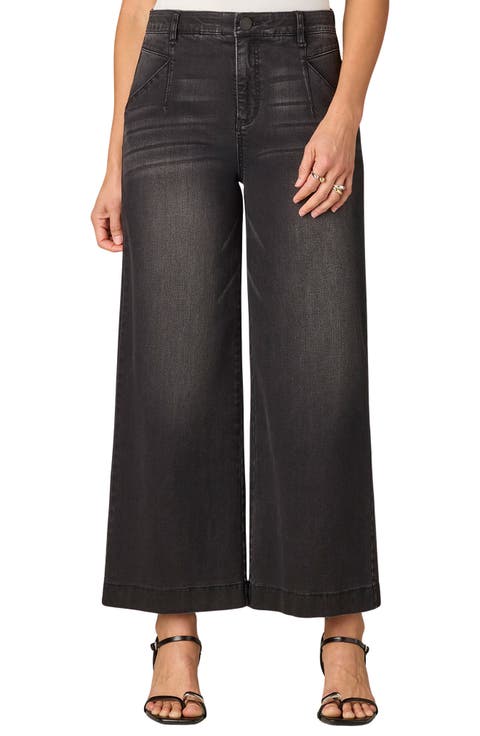 Wyatt Skyrise V-Pocket Ankle Wide Leg Jeans (Washed Black) (Regular & Petite)