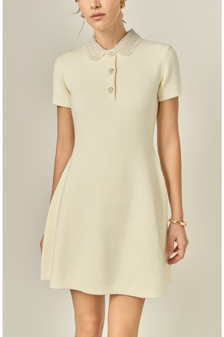 Beaded Collar Knit Fit and Flare Dress, Alternate, color, IVORY