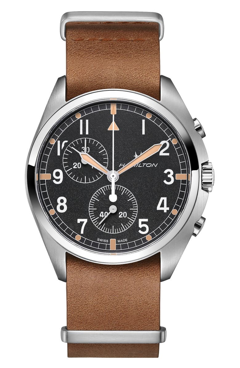 Hamilton Khaki Aviator Pilot Pioneer Chronograph Leather Strap Watch, 41mm, Main, color, Brown/ Black/ Silver