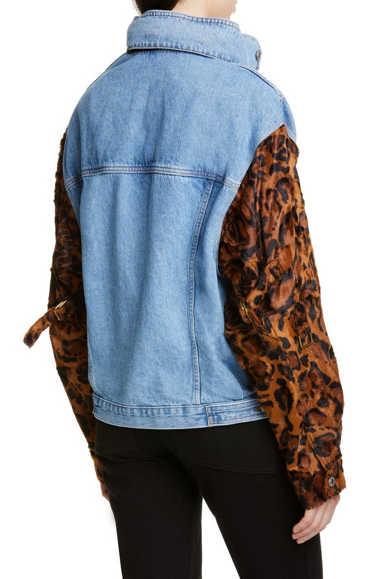 Leopard Hooded Denim Jacket, Alternate, color, LIGHT DENIM DARK