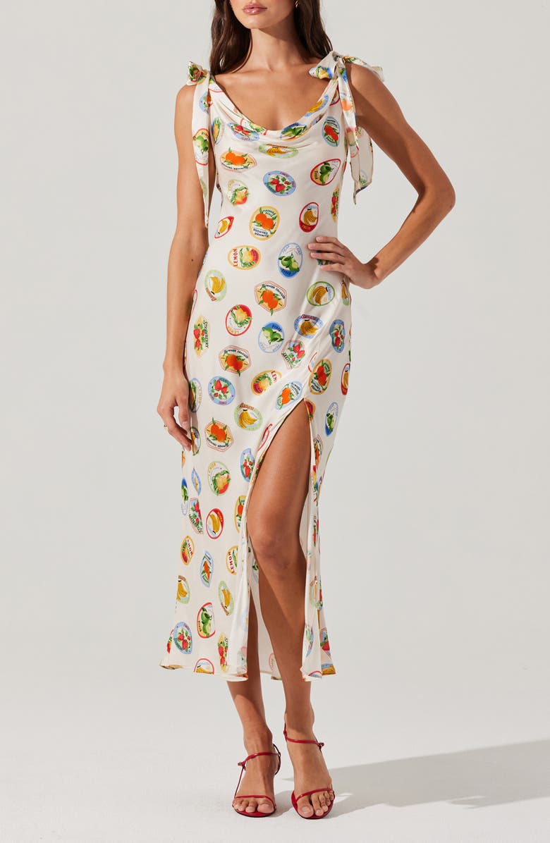ASTR the Label Allexina Printed Tie Shoulder Midi Dress, Alternate, color, Ivory Fruit Cocktail