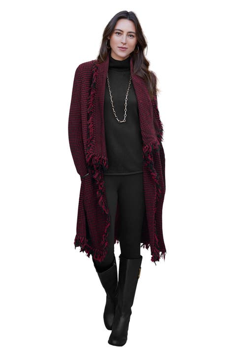 Jessica London Shawl-collar Fringe Jacket In Burgundy