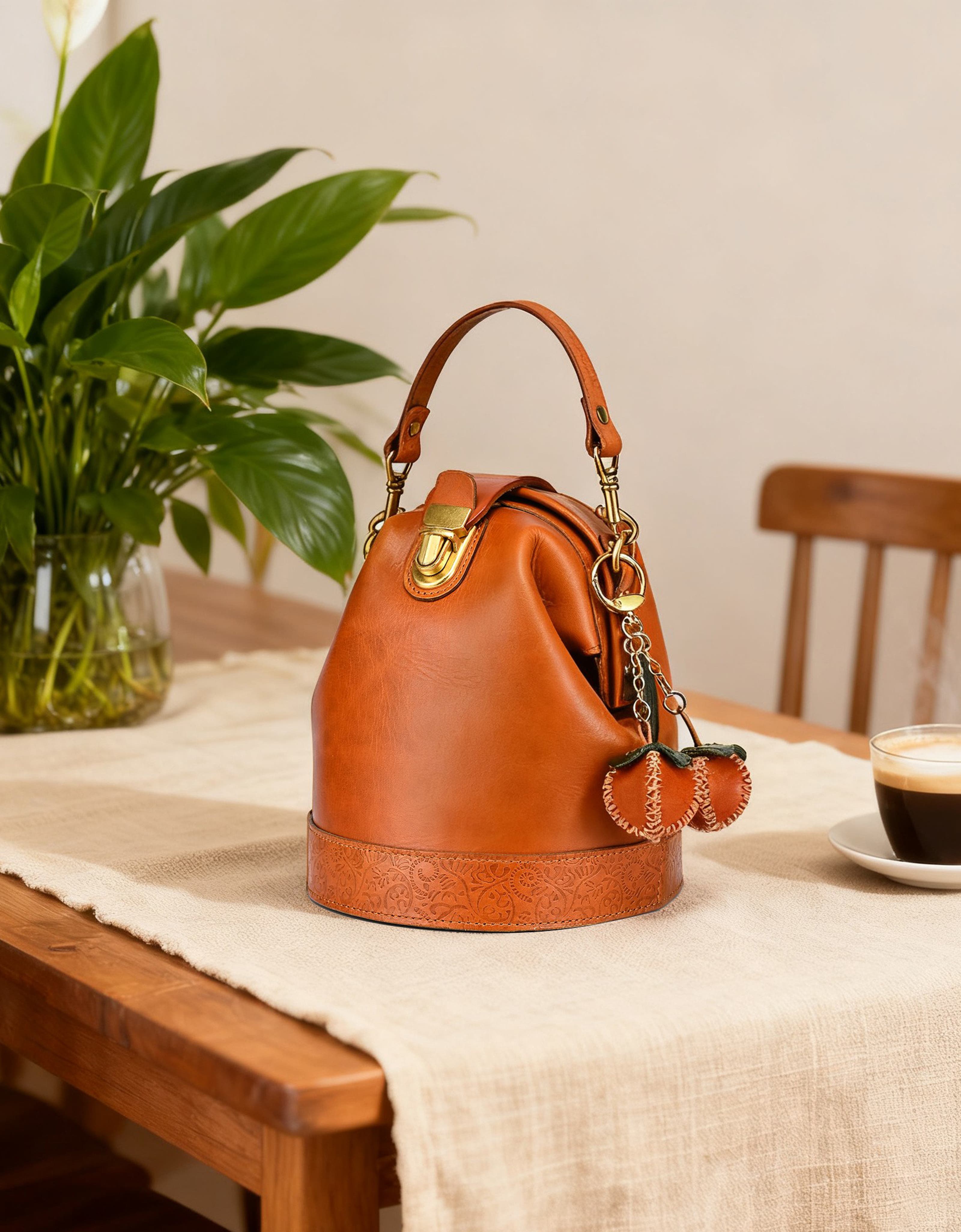 OLD TREND Simi Genuine Leather Mini Fruit Key Charm, Alternate, color, Caramel