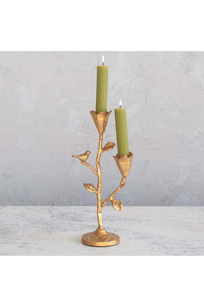 Tall Hand-Forged Cast Iron Candelabra with Flowers and Bird, Gold, Alternate, color, Gold