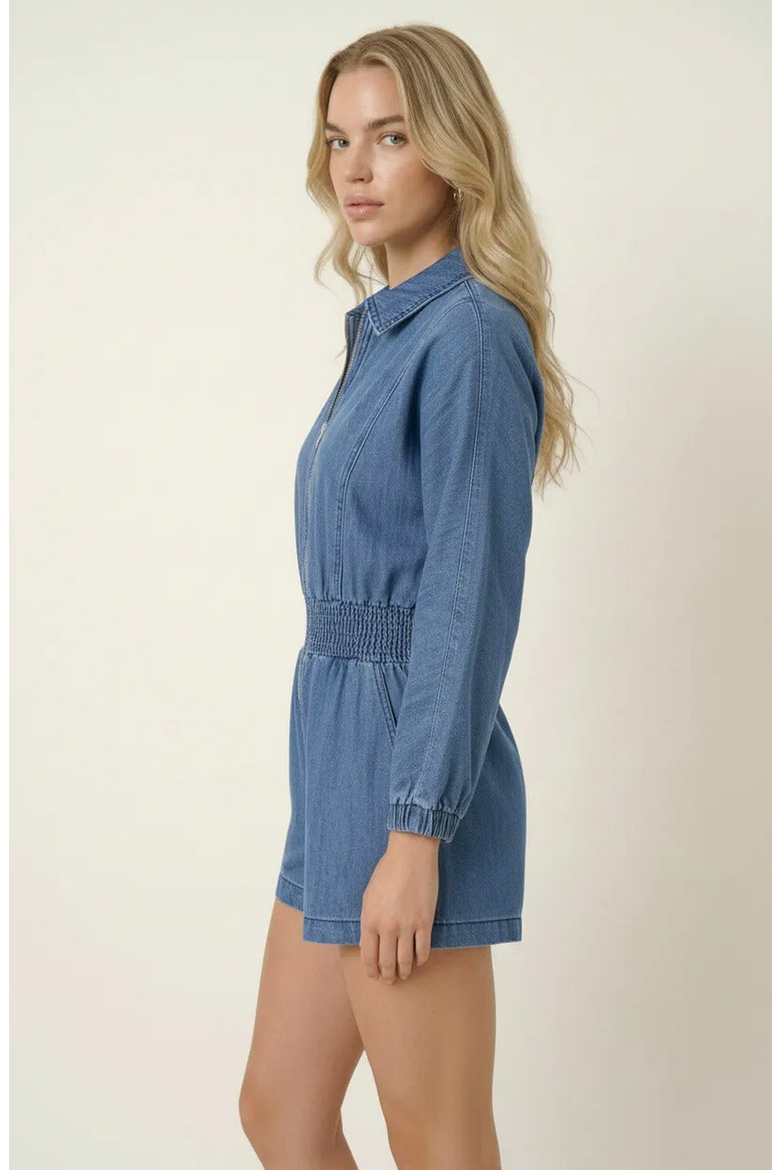 Zip Front Romper with Smocked Waist and 3/4 Sleeves, Alternate, color, Blue