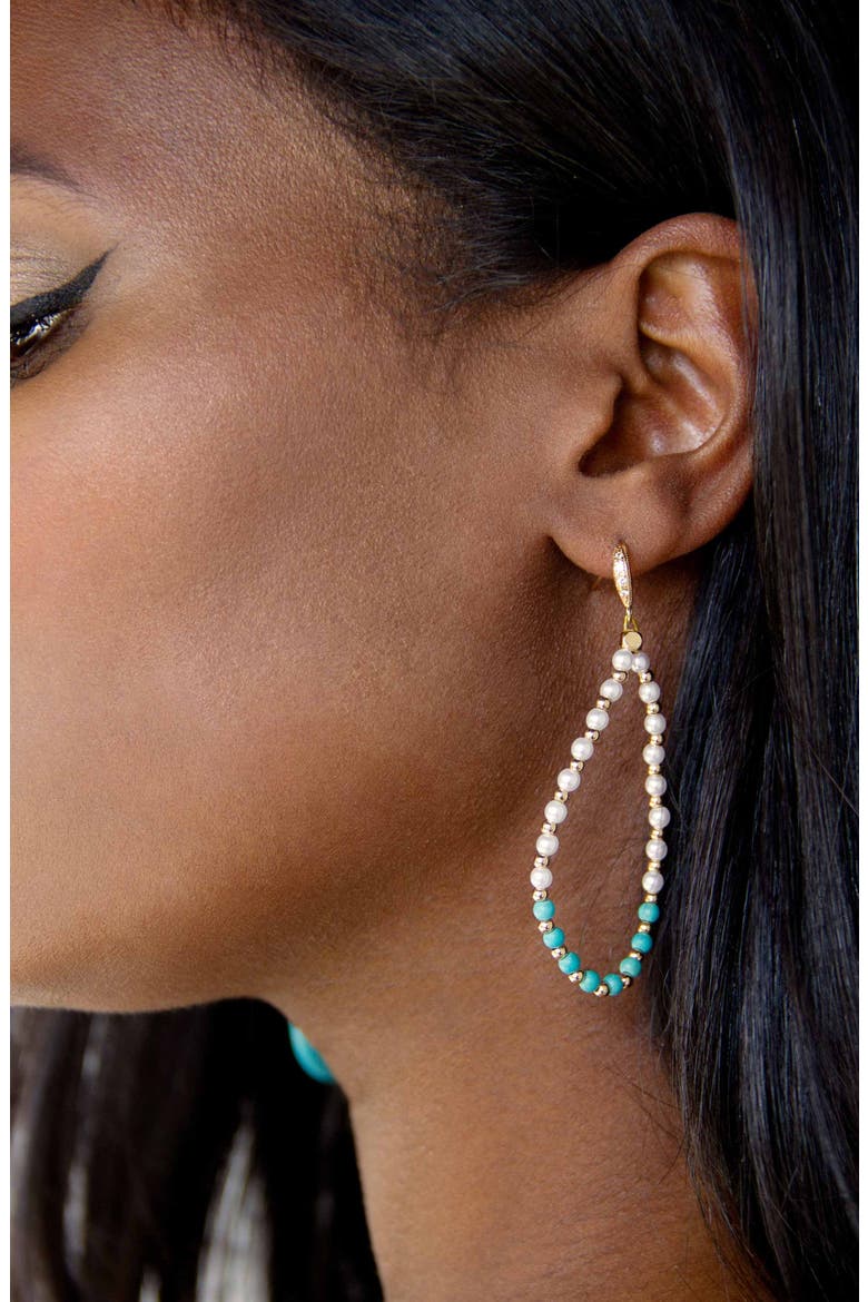 Imitation Pearl & Turquoise Beaded Teardrop Earrings, Alternate, color, GOLD