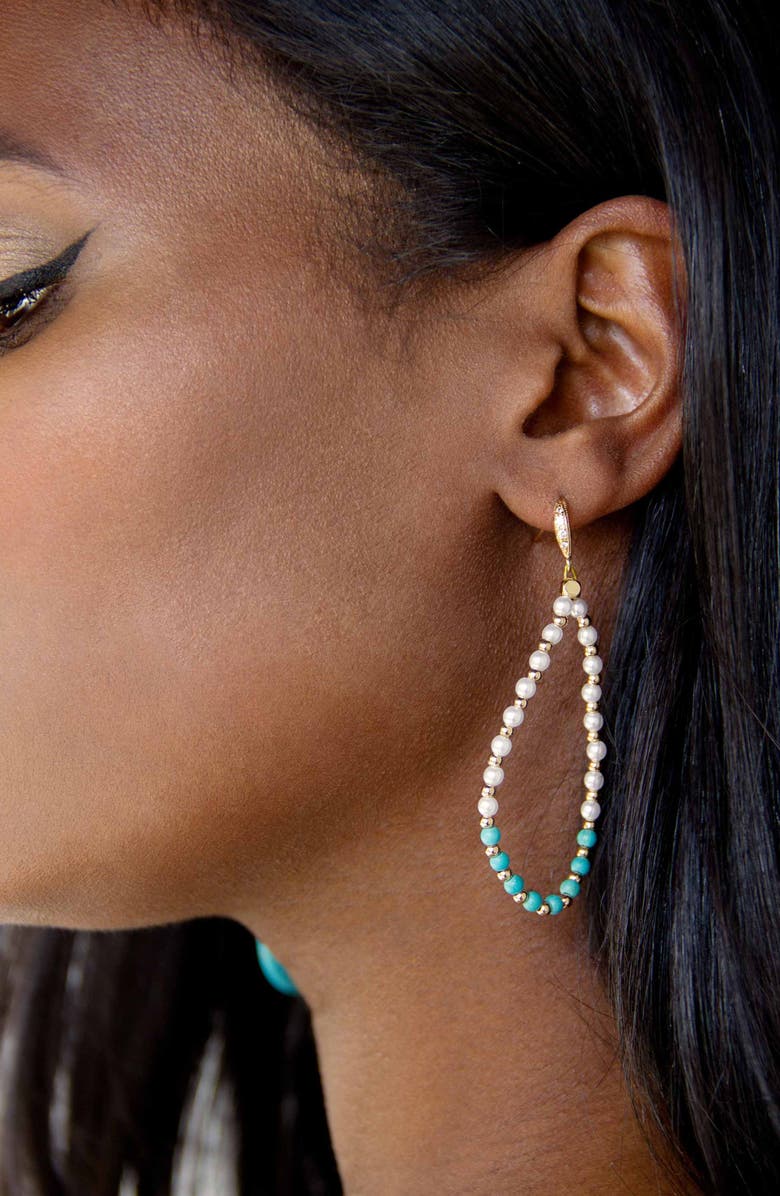 Ettika Imitation Pearl & Turquoise Beaded Teardrop Earrings, Alternate, color, Gold