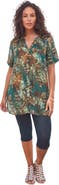 Roaman's Plus Size Angelina Crinkle Crepe Y-Neck Short Sleeve Tunic