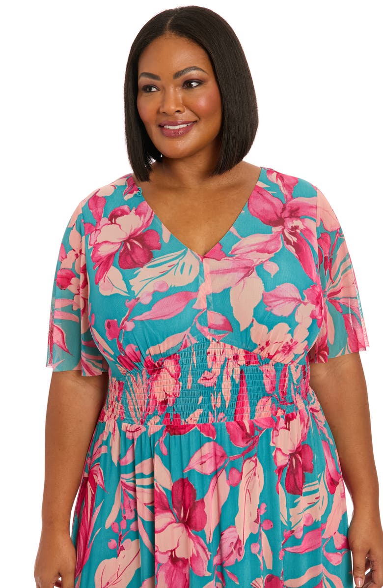 London Times Mesh Flutter Sleeve Maxi Dress, Alternate, color, Blue/ Pink