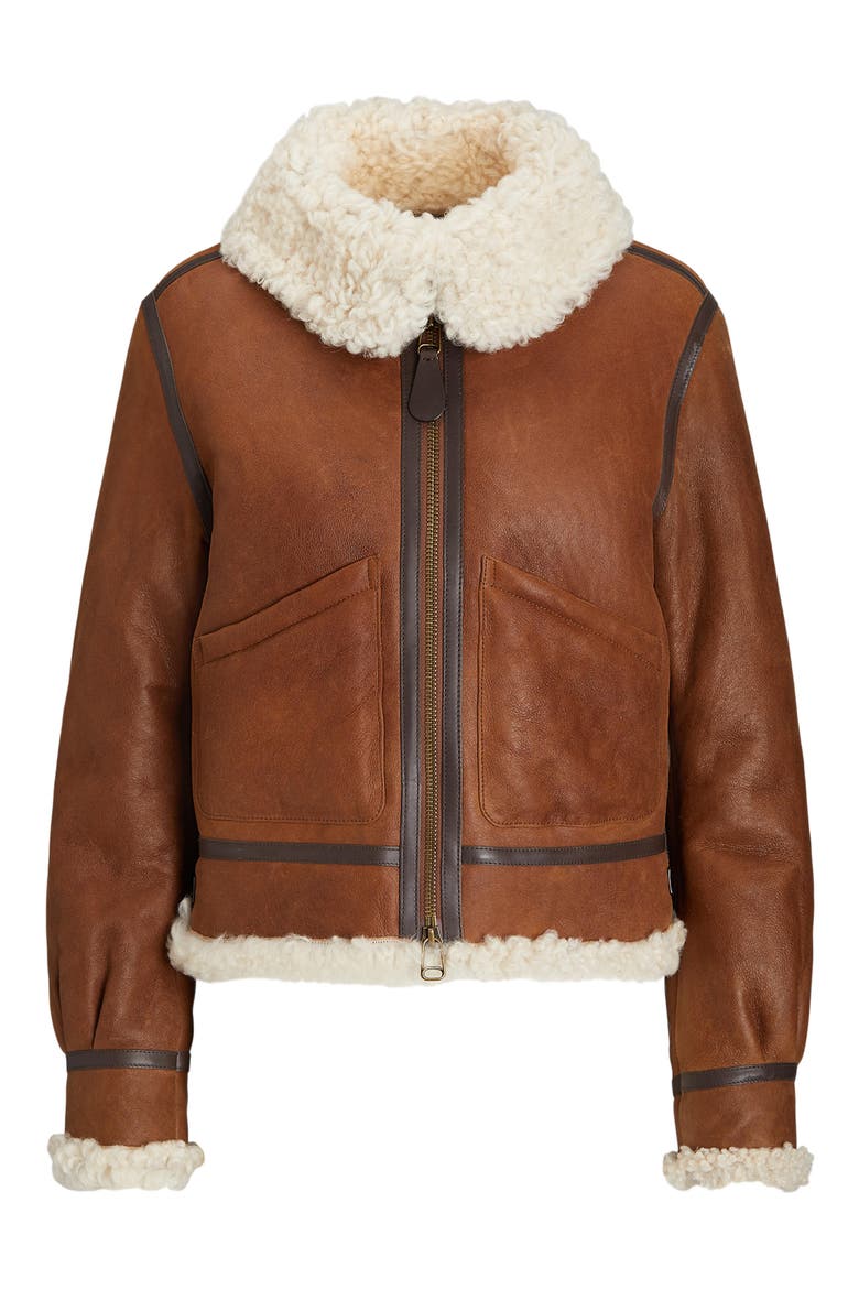 Genuine Shearling Trim Leather Aviator Jacket, Alternate, color, BROWN/ CREAM