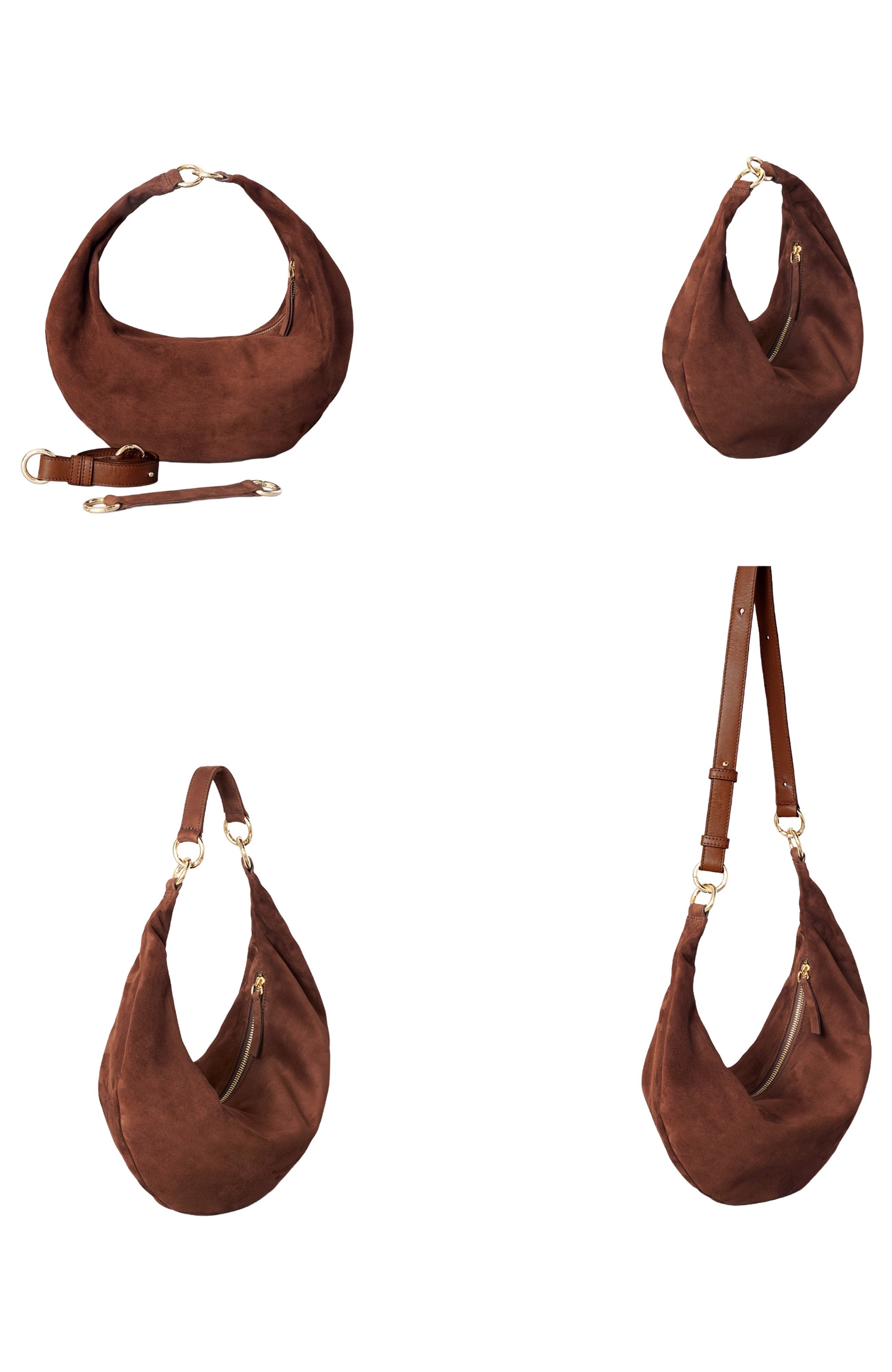 Leather Convertible Hobo Crescent Ring Bag, Alternate, color, Praline Suede