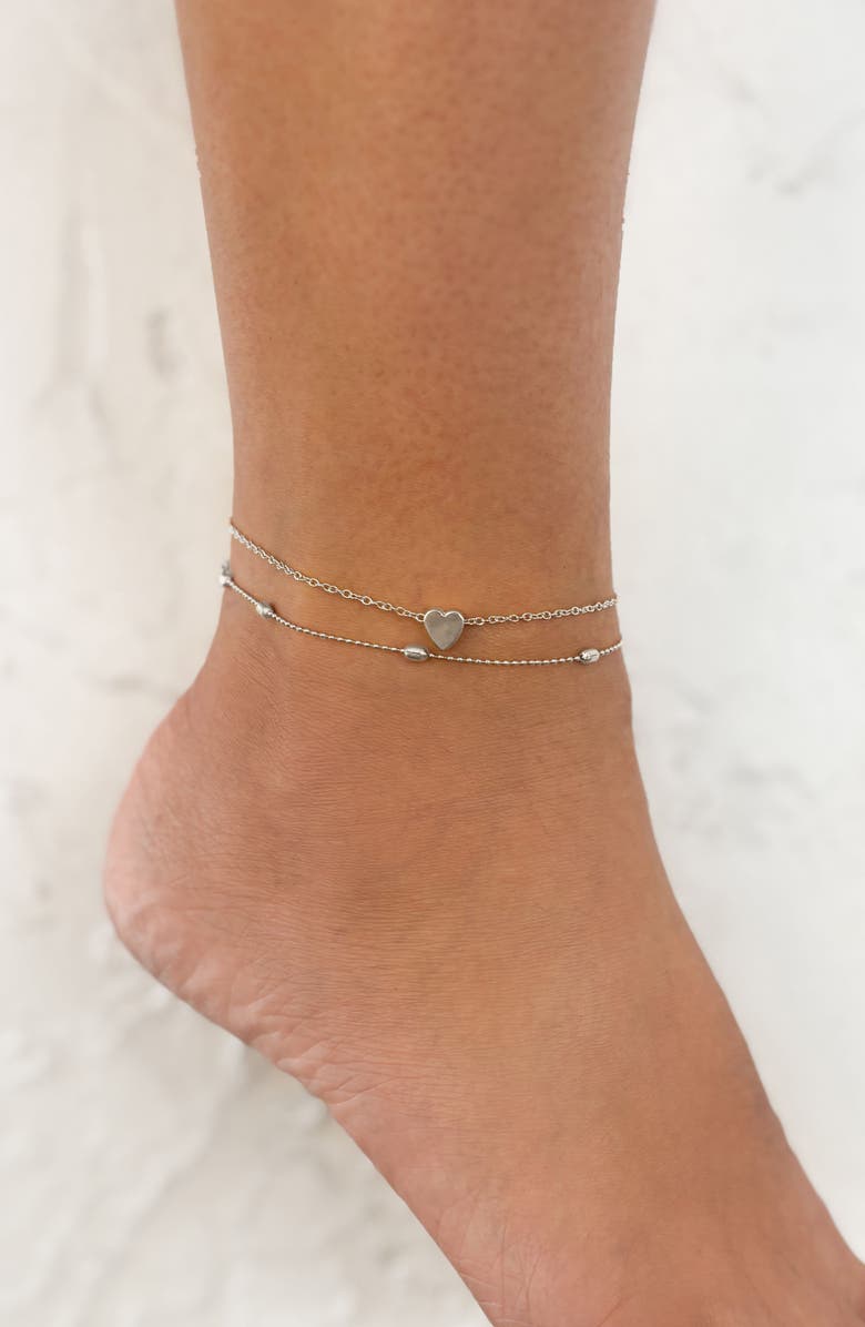 Adornia Set of 2 Heart & Station Anklets, Alternate, color, Silver