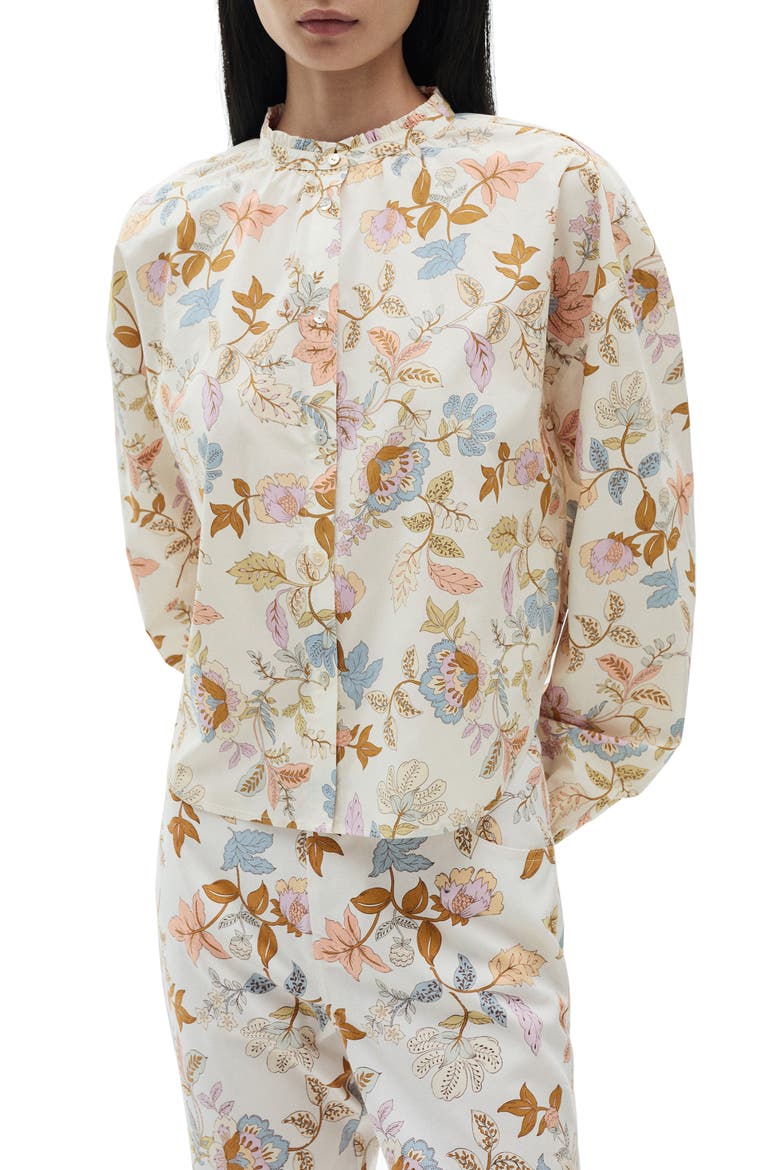 Floral Cotton Band Collar Button-Up Shirt, Main, color, ECRU