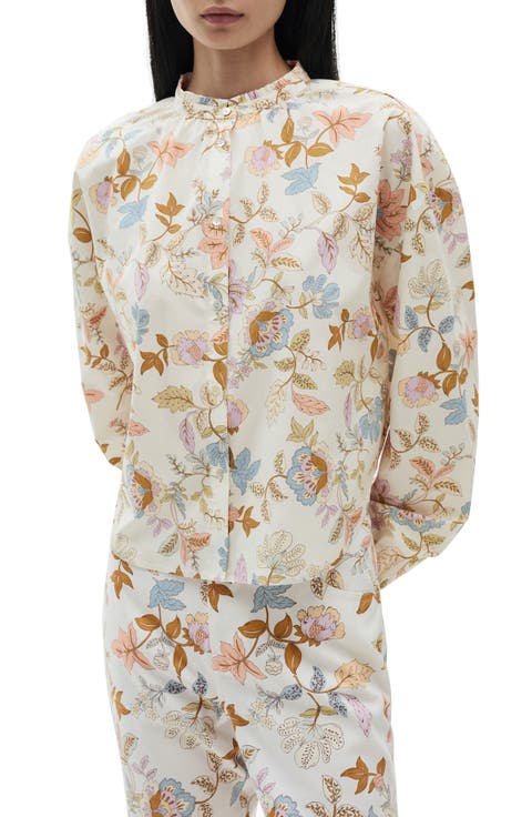 Floral Cotton Band Collar Button-Up Shirt