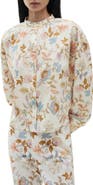 MANGO Floral Cotton Band Collar Button-Up Shirt