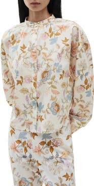 MANGO Floral Cotton Band Collar Button-Up Shirt