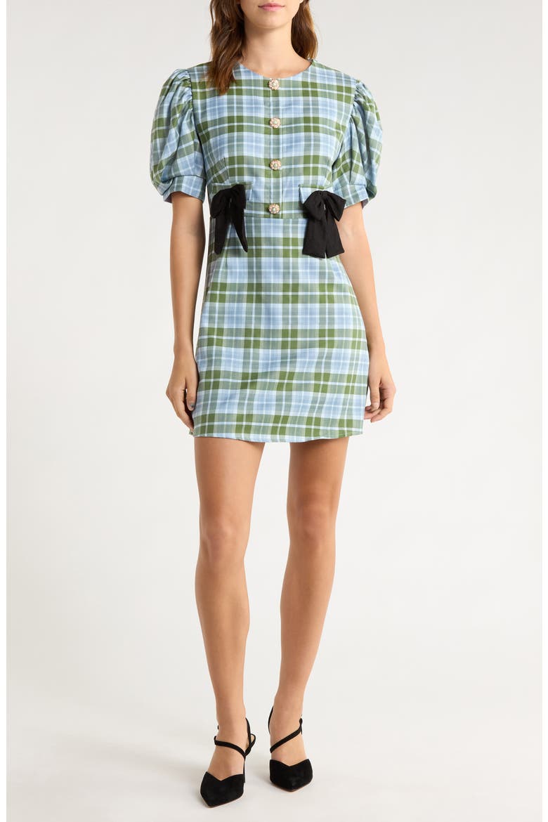 Foyer Check Puff Sleeve Minidress, Main, color, GREEN