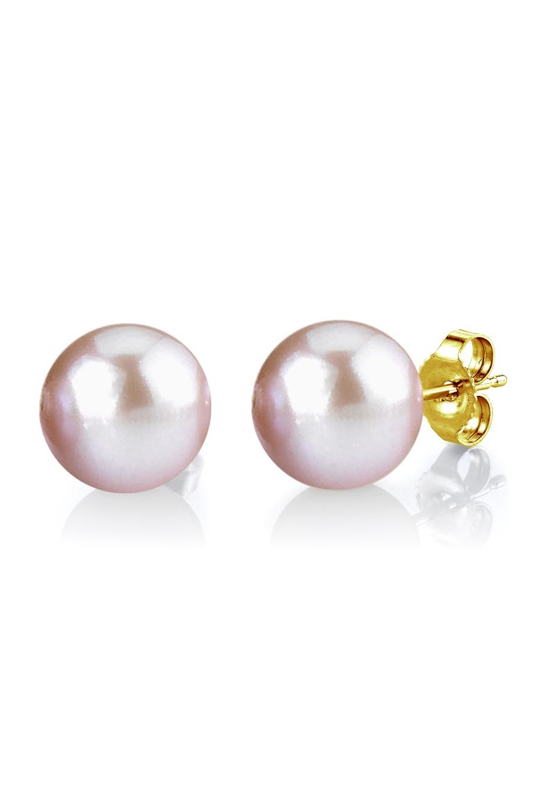 10mm Freshwater Round Pearl Stud Earrings, Main, color, Pink Pearl - Yellow Gold