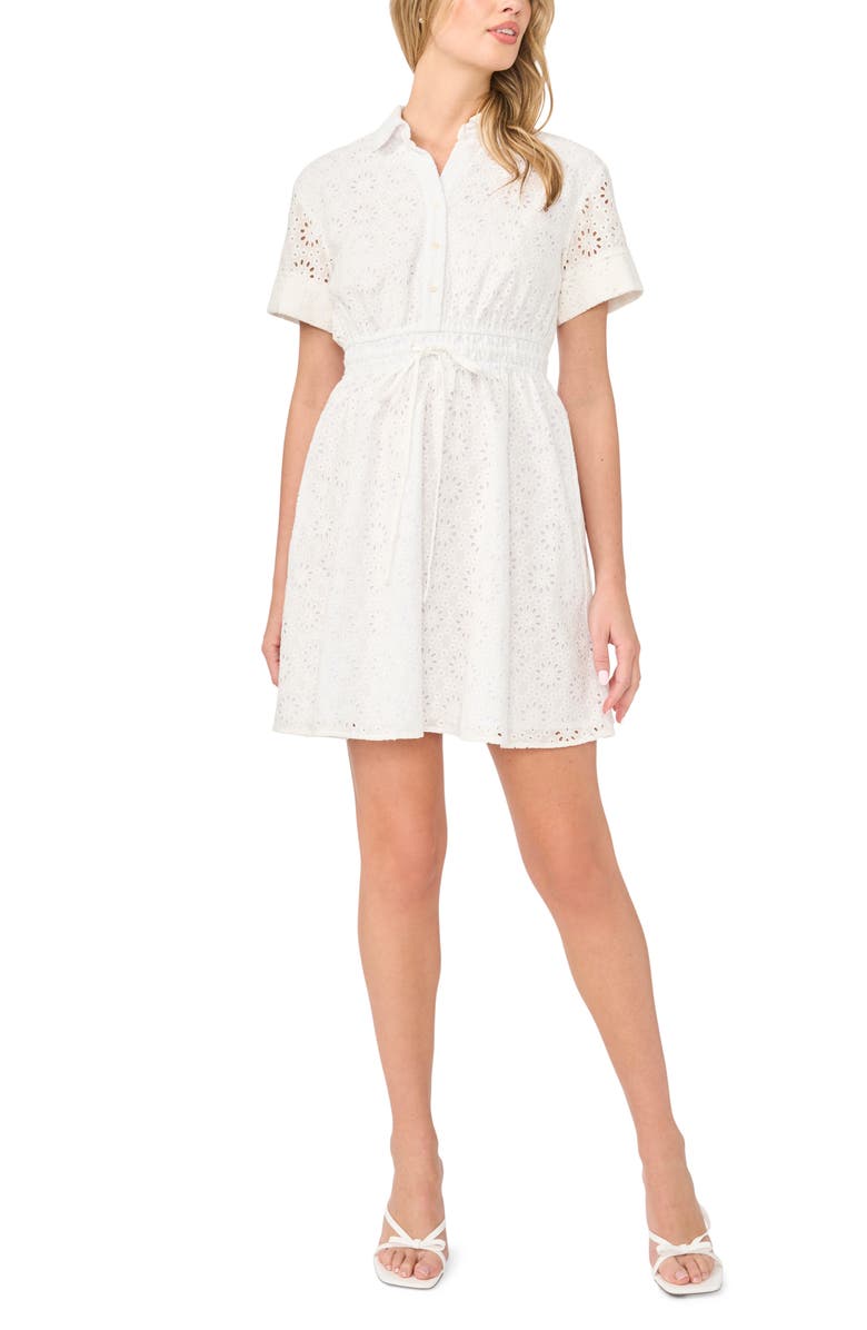 CeCe Eyelet Cotton Minidress, Main, color, Ultra White