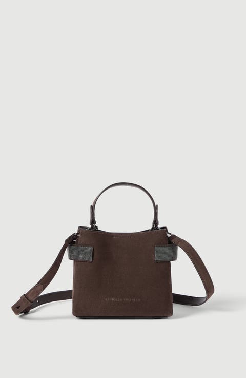 Essence small top-handle bag in suede with precious bands