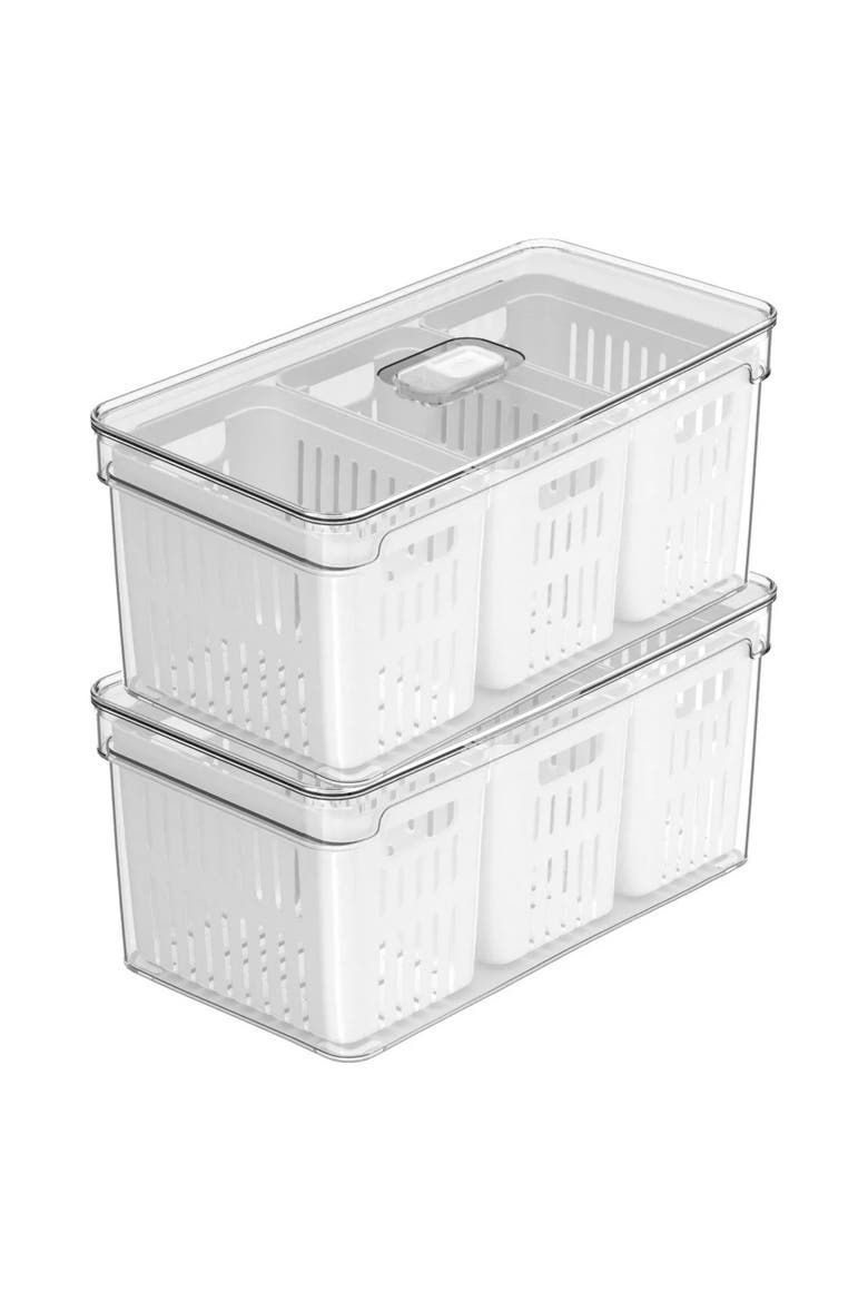 Clear Stackable Fridge Organizer Bin with Three Removable Drain Baskets and Vented Lid, 2 Pack - 5.3 Quart Each, Main, color, Clear with White Drainer
