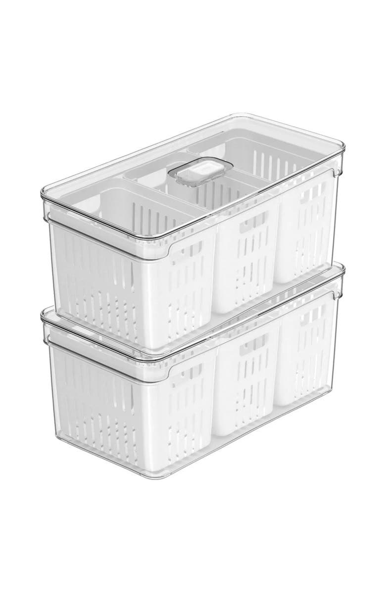 OU Clear Stackable Fridge Organizer Bin with Three Removable Drain Baskets and Vented Lid, 2 Pack - 5.3 Quart Each, Main, color, Clear With White Drainer