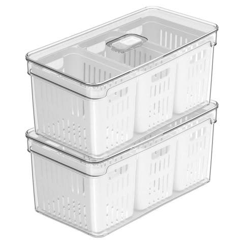 Clear Stackable Fridge Organizer Bin with Three Removable Drain Baskets and Vented Lid, 2 Pack - 5.3 Quart Each