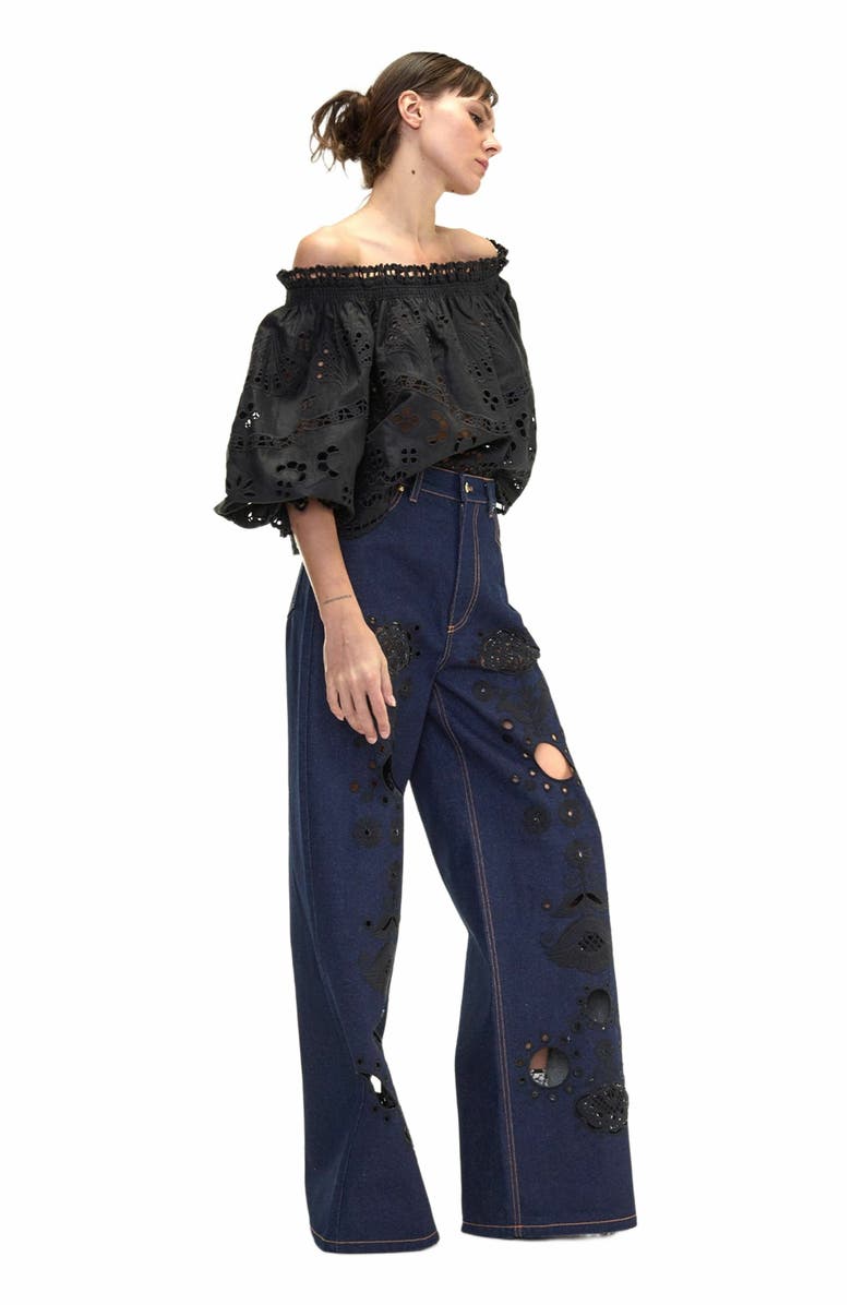 Cynthia Rowley Embroidered Wide-leg Jean, Alternate, color, Navy/Black