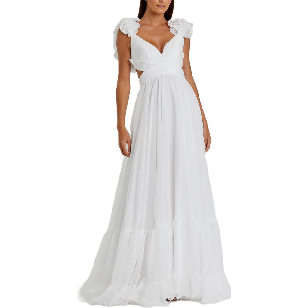Mac Duggal Rosette Chiffon Cutout Empire Waist Gown In White