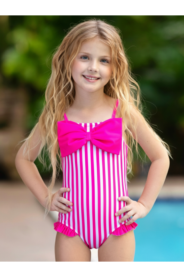 Seaside Stripes Pink Bow One-Piece Swimsuit, Alternate, color, Pink