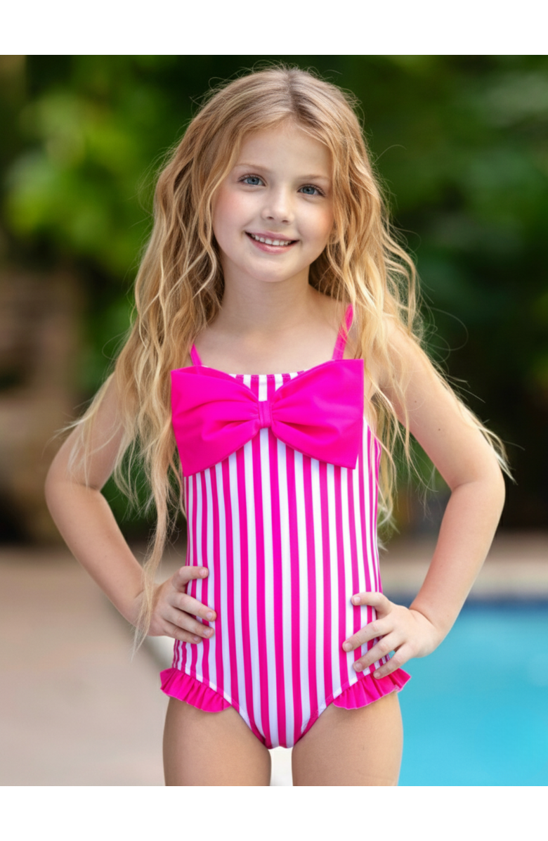 Mia Belle Girls Seaside Stripes Pink Bow One-Piece Swimsuit, Alternate, color, Pink