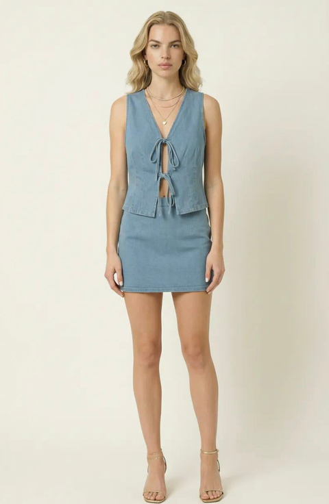 Sleeveless Denim Vest Top with Tie Front Closure