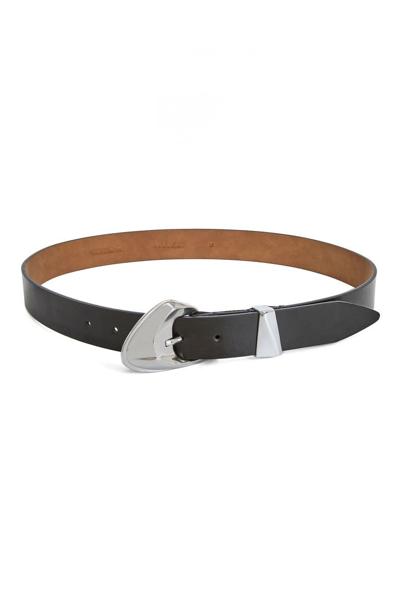 Bold Metal Buckle Leather Belt, Main, color, BLACK AND SILVER